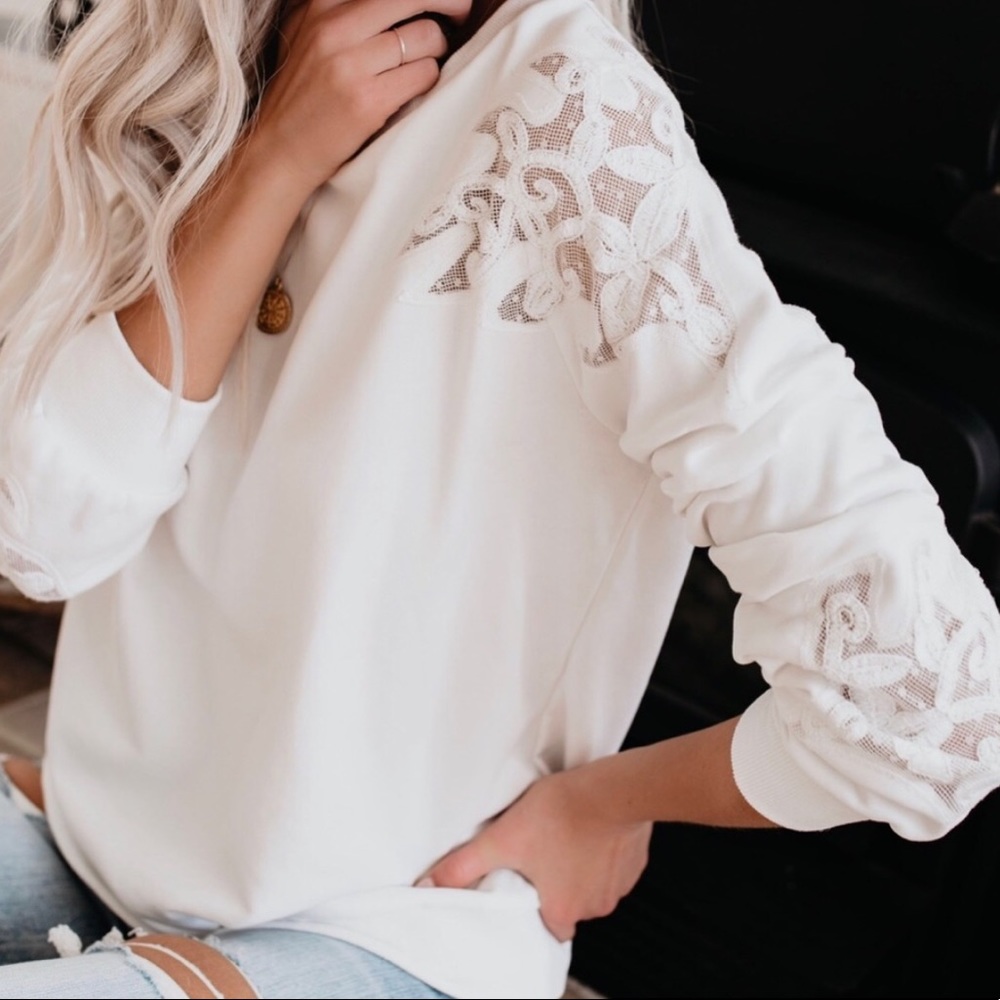 Vici Medium Gray Cotton Sweater with Lace Accents